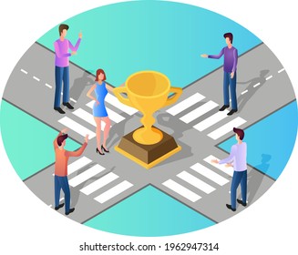 Way to success.Achieving goals.Well-deserved award and leadership qualities.People at the crossroads as a symbol of the new way.3d image.Isometric vector illustration.