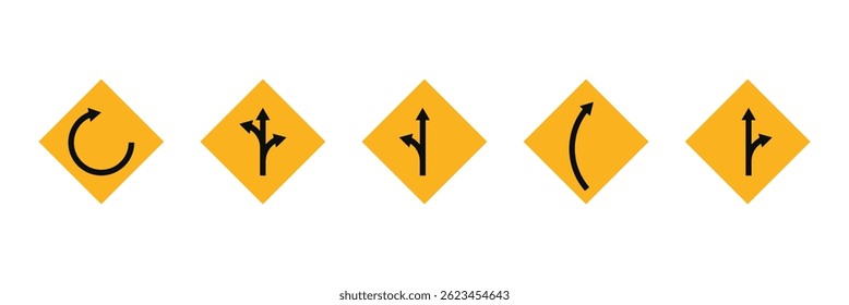 Way traffic sign. Direction of movement. Warning yellow diamond road symbol. Diamond road sign. Rhombus road sign. Road sign icon.