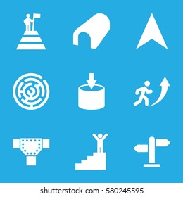 way vector icons. Set of 9 way filled icons such as tunnel, road, navigation arrow, direction, man going up, man on stairs, man at the top of the mountain with flag, entrance