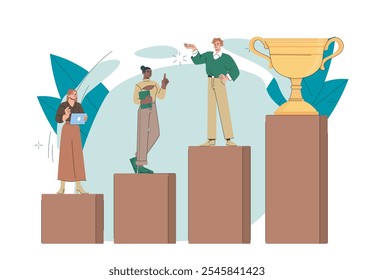 Way to victory. Man and women on steps on way to golden cup. Motivation and leadership, success. Career growth and development. Flat vector illustration isolated on white background