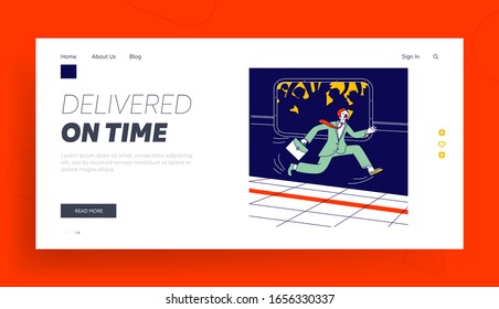 Way To Work Or Home In Big City Website Landing Page. Businessman Run At Subway Train Platform Hurry To Metro Van. Employee Late On Subway Web Page Banner. Cartoon Flat Vector Illustration, Linear