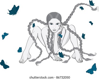 The Way You Make Me Feel. Naked beautiful girl in black and white and blue butterflies.