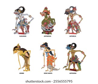 Wayang puppet collection, Central Java, Indonesian shadow puppet show, vector illustration style.