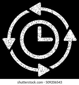 Wayback Clock grainy textured icon for overlay watermark stamps. Flat symbol with dirty texture. Dotted vector white ink rubber seal stamp with grunge design on a black background.