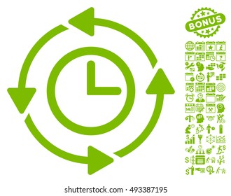 Wayback Clock icon with bonus calendar and time management images. Vector illustration style is flat iconic symbols, eco green color, white background.