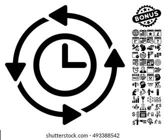 Wayback Clock icon with bonus calendar and time management symbols. Vector illustration style is flat iconic symbols, black color, white background.