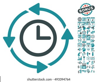 Wayback Clock icon with bonus calendar and time management pictograph collection. Vector illustration style is flat iconic bicolor symbols, soft blue colors, white background.