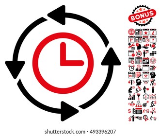 Wayback Clock icon with bonus calendar and time management design elements. Vector illustration style is flat iconic bicolor symbols, intensive red and black colors, white background.