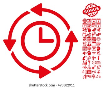 Wayback Clock pictograph with bonus calendar and time management icon set. Vector illustration style is flat iconic symbols, red color, white background.
