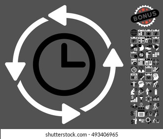 Wayback Clock pictograph with bonus calendar and time management graphic icons. Vector illustration style is flat iconic bicolor symbols, black and white colors, gray background.