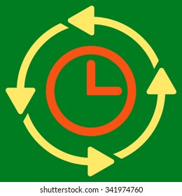 Wayback Clock vector icon. Style is bicolor flat symbol, orange and yellow colors, rounded angles, green background.