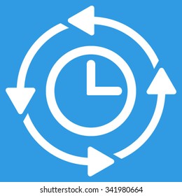 Wayback Clock vector icon. Style is flat symbol, white color, rounded angles, blue background.