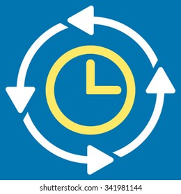 Wayback Clock vector icon. Style is bicolor flat symbol, yellow and white colors, rounded angles, blue background.