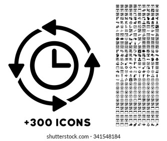 Wayback Clock vector pictogram with additional 300 date and time management icons. Style is flat symbols, black color, rounded angles, white background.