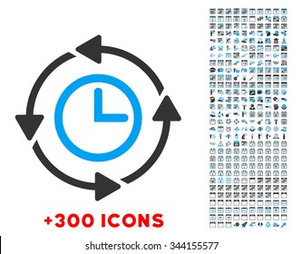 Wayback Clock vector pictogram with additional 300 date and time management icons. Style is bicolor flat symbols, blue and gray colors, rounded angles, white background.