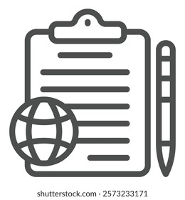 Waybill paper with pen and globe line icon, delivery service concept. Vector graphics. Clipboard with document sign on white background, outline style icon for mobile or web design