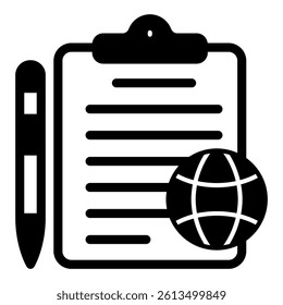 Waybill paper with pen and globe solid icon, delivery service concept. Vector graphics. Clipboard with document sign on white background, glyph style mobile or design