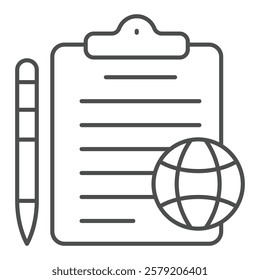 Waybill paper with pen and globe thin line icon, delivery service concept. Vector graphics. Clipboard with document sign on white background, outline style icon for mobile or web design