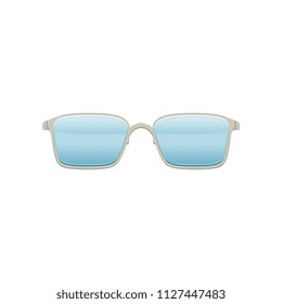 Wayfarer sunglasses with blue lenses and metallic frame. Stylish spectacles. Protective eyewear. Flat vector design for mobile app