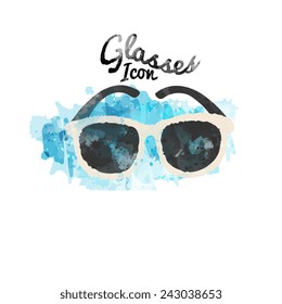 wayfarer sunglasses and blue watercolor grunge style background, colorful vector illustration.