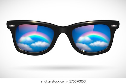 Wayfarer sunglasses reflecting cloudscape with rainbow  - vector illustration