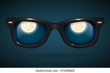 Wayfarer sunglasses reflecting full moon - vector illustration.