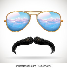 Wayfarer sunglasses reflecting  mountains landscape and mustaches - vector illustration.