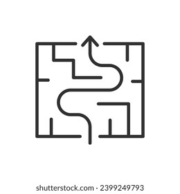 Wayfinding and decision, linear icon. Path through the maze. Getting out of the maze. Line with editable stroke