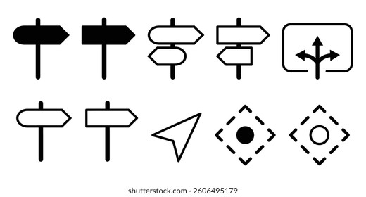Wayfinding direction icon set. Arrow direction, containing three way, traffic board, navigation, compass, GPS, signpost, guide, send, pointer, intersection sign collection illustration.