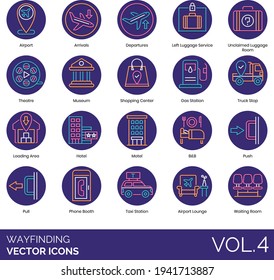Wayfinding icons including arrival, departure, left luggage service, unclaimed room, theatre, museum, shopping center, gas station, truck stop, loading area, hotel, motel, BnB, push, pull, phone booth