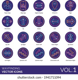 Wayfinding Icons Including Paper Map, App, Digital Display, Check-in, Sign, Direction, Up, Down, Left, Right, Upstairs, Downstairs.