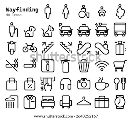 Wayfinding line icon set for public facilities and navigation editable stroke outline icons set isolated on white background flat vector illustration.