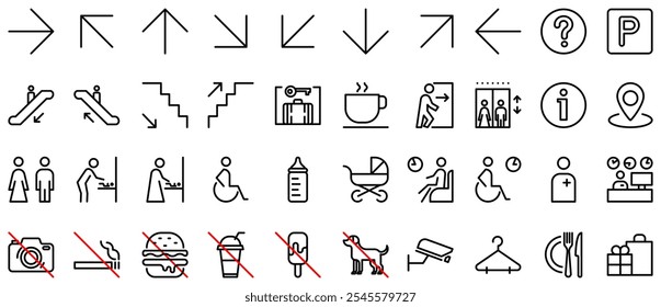 Icono de contorno de orientación (vestuario de bebé o sala de cuidados, WC, escalera, tienda, salida, ascensor, cafetería, baño para hombres, mujeres, discapacitados, armario) signo de prohibición de perro, comida, bebida, foto, fumar