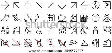 Wayfinding outline icon (baby changing room or care room, WC, staircase, shop, exit, elevator, cafe, restroom for male, female, disabled, wardrobe) prohibition sign no dog, food, drink, photo, smoking