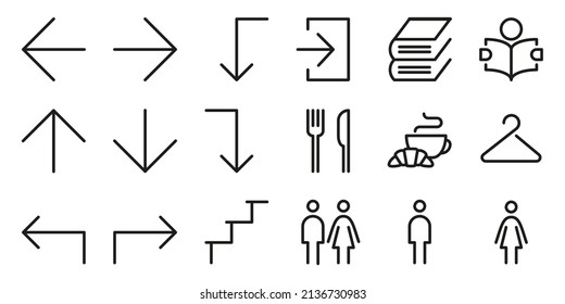 Wayfinding Outline Icon Set. Arrows, Ladder, Exit, Cafeteria, Buffet, Library, Reading Room, Wardrobe, Toilet Line Symbols.  Pictograms For Public Places. Vector Graphics