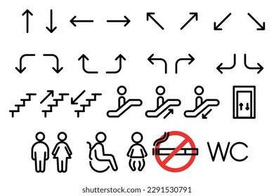 Wayfinding outline icon set. Arrows, staircase, exit, elevator, toilet line symbols. Prohibition pictograms in linear style. Vector graphics