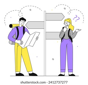 Wayfinding people linear. Man with map and woman stand near roadsigns. Young guy and girl choose life line. Planning and vision of future, goal setting. Doodle flat vector illustration