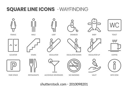 Way-finding related, pixel perfect, editable stroke, up scalable square line vector icon set. 