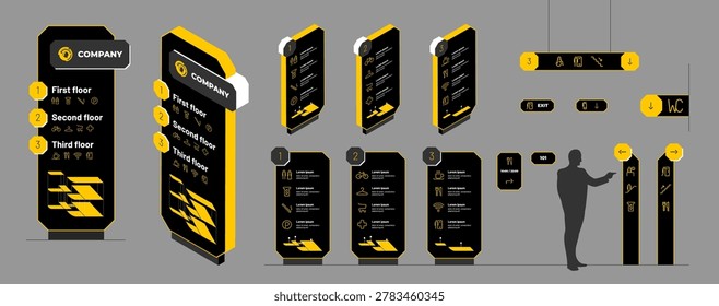 Wayfinding signage system design. Interior directory board navigation layout airport mall office building. Blank digital screen floor stand directional arrow panel information display vector.