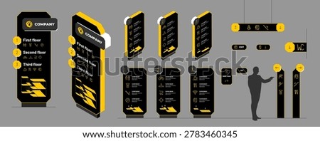 Wayfinding signage system design. Interior directory board navigation layout airport mall office building. Blank digital screen floor stand directional arrow panel information display vector.
