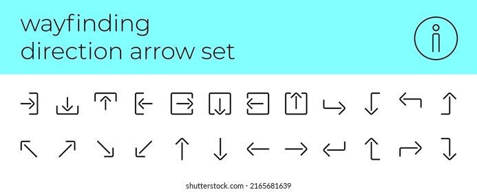 Wayfinding system direction arrow linear modern icon set. Way finding entrance and exit outline symbol collection. Left and right navigation signage. Up and down information boards. Public place signs