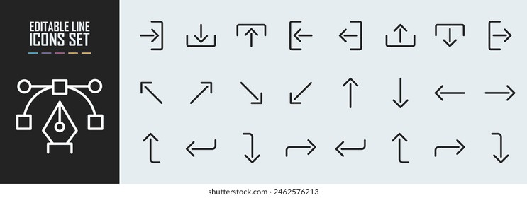 Icono moderno lineal de flecha de dirección del sistema de búsqueda. Forma de encontrar la entrada y la salida de la colección de símbolos de contorno. Señalización de navegación izquierda y derecha. Arriba y abajo tableros de información. Señales de lugares públicos