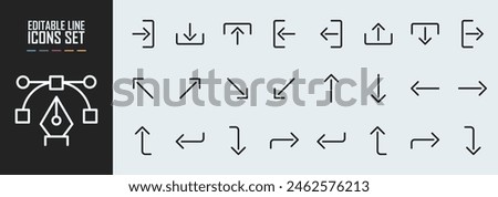 Wayfinding system direction arrow linear modern icon set. Way finding entrance and exit outline symbol collection. Left and right navigation signage. Up and down information boards. Public place signs