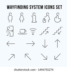 Wayfinding system icons. Simple line icon set.