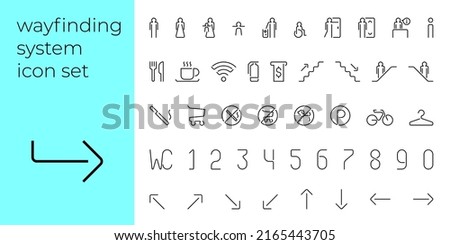 Wayfinding system linear modern icon set. Way finding outline symbol collection. Shopping mall navigation signage. Hotel or public place information boards. Residential complex direction signs. Vector