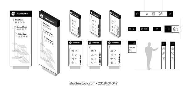 Wayfinding system signage mockup set. Exterior and interior way finding designs. Mall navigation mock up. Public place and commercial building information boards. Residential complex direction signs