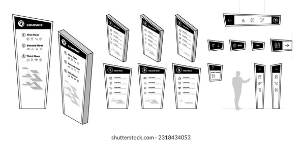 Wayfinding system signage mockup set. Exterior and interior way finding design. Shopping mall navigation mock up. Public place and commercial building information boards. Vector eps direction signs