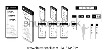 Wayfinding system signage mockup set. Exterior and interior way finding designs. Mall navigation mock up. Public place and commercial building information boards. Residential complex direction signs