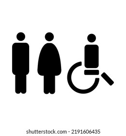 Wayfinding vector signs. Wc toilet signs. Black silhouettes of man, woman, man in a wheelchair. WC navigation vector set