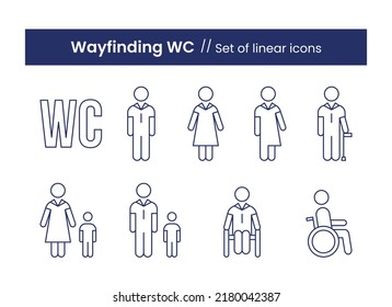 Wayfinding WC linear icons set. Vector illustration isolated on a white background. 